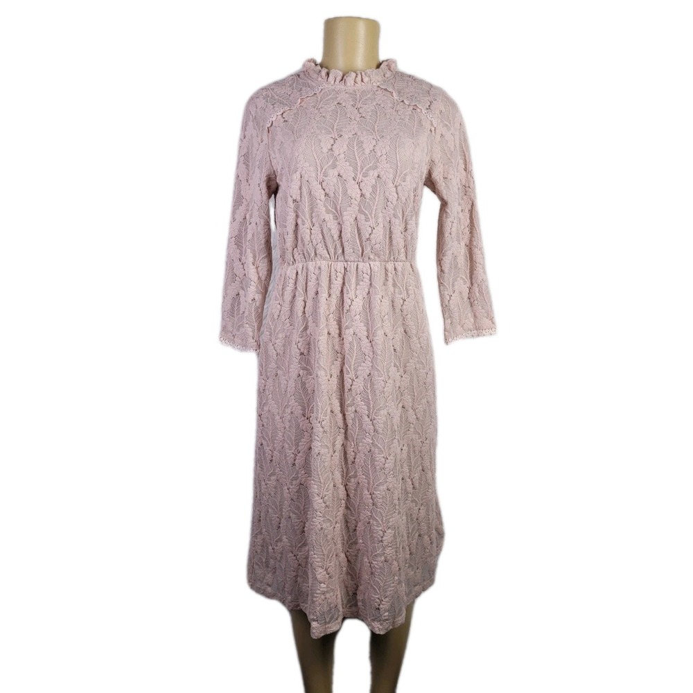 Orange Creek Pastel Pink Lace Midi Dress Ruffle 3/4 Sleeve Women S Cottagecore